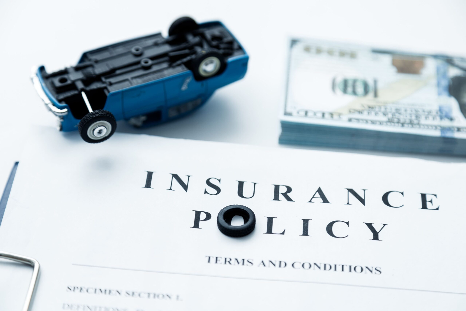 Accident car breakdown and car insurance policy, money compensation on white background